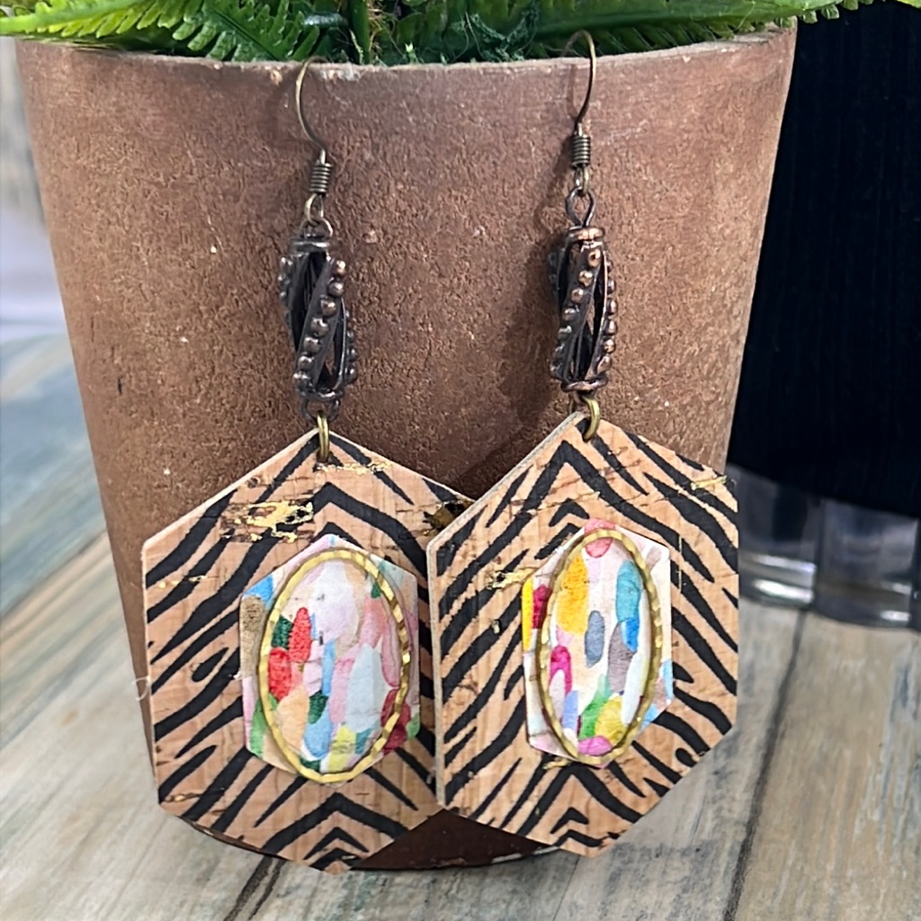 Adorned Crown Artisan Assemblage Faux Leather Metal Zebra Cork Earrings 14$